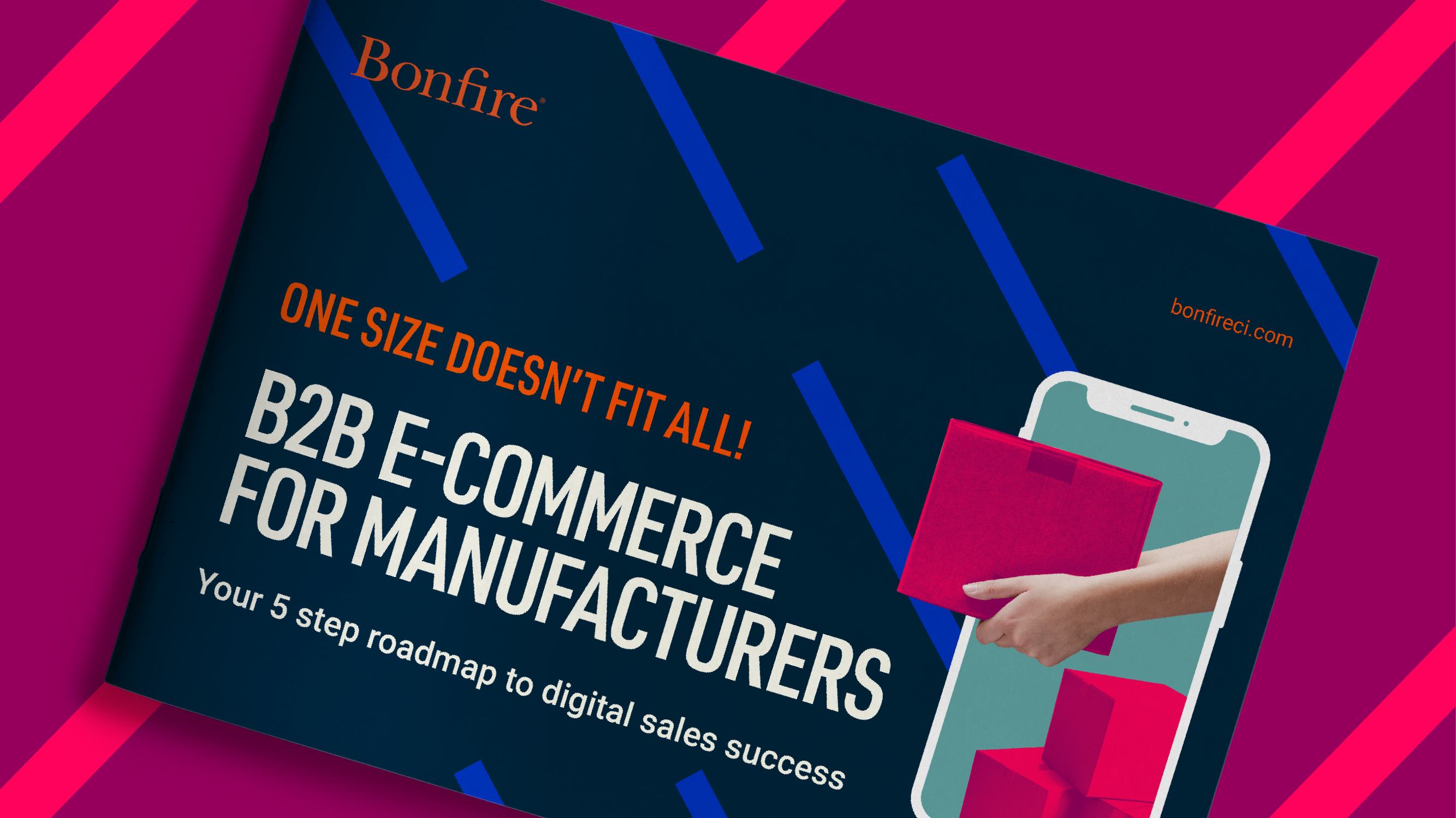 A booklet that says B2B Ecommerce for manufacturers and a hand holding a box